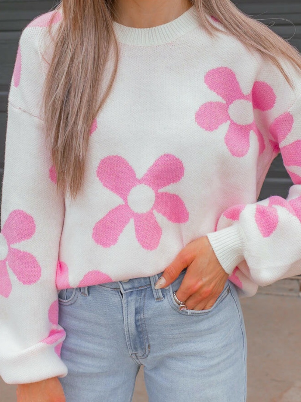 Krush Kandy dopamine Pink Daisy Flower Oversized Knit Sweater Large Retro Y2K